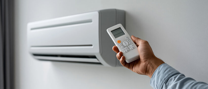 Smart home comfort concept a hand points a remote at a modern split system air conditioner mounted on a clean white wall, ideal for HVAC, energy efficiency, and home improvement campaigns.