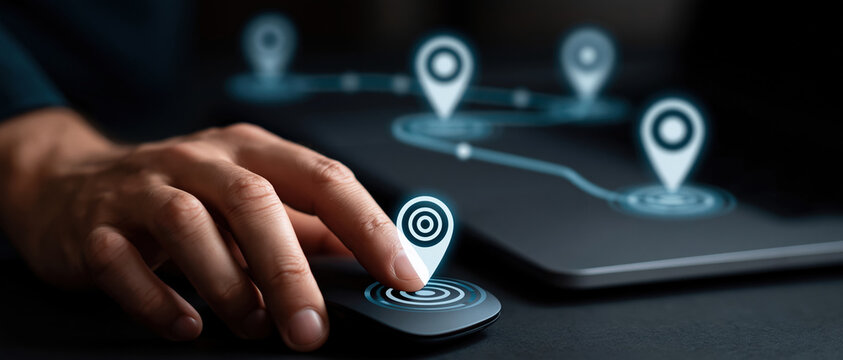 Futuristic route planning concept for tech, logistics, or travel brands. Hand activates glowing GPS pin icons on dark touchpad, visualizing real time digital navigation and connected.