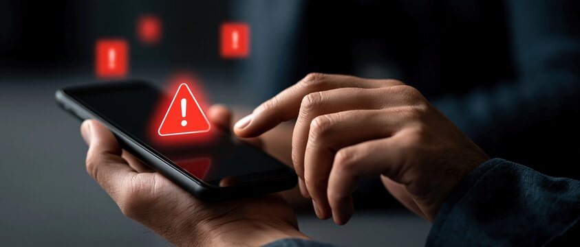 Urgent digital threat concept hands interacting with smartphone displaying glowing red warning triangle icons, ideal for cybersecurity, fraud prevention, and mobile safety campaigns.