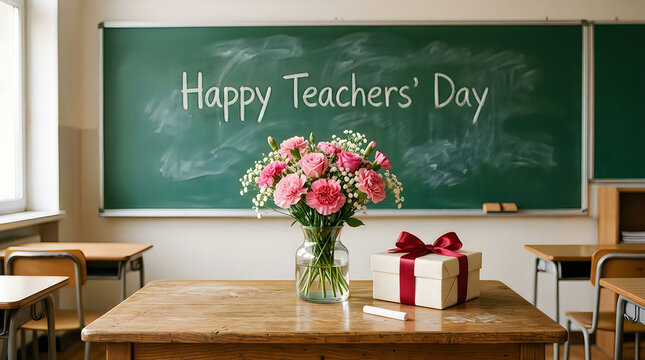 Happy teachers day celebration in classroom with flowers and gifts