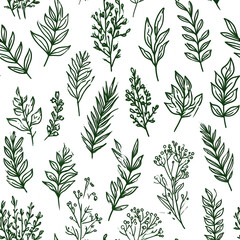 Fototapeta premium Simple Botanical Seamless Pattern with Hand-Drawn Leaves and Branches