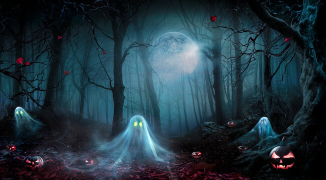 Ghosts And Pumpkins In Dark Forest At Moonlight - Phantom Floating In The Night - Abstract Composition