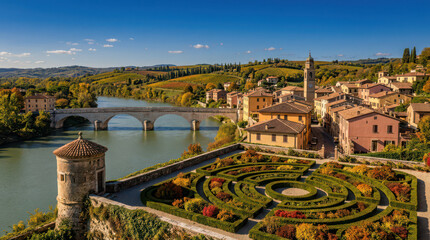Obraz premium Scenic view of historic european town with river bridge and formal garden generated using ai