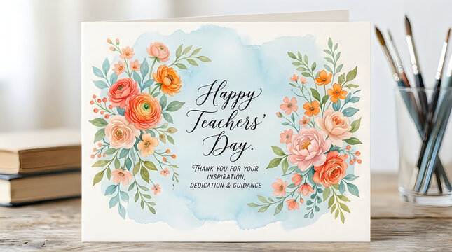 Happy teachers day card with colorful flowers and thank you message