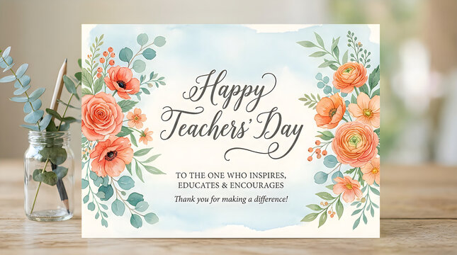 Happy teachers day card with flowers and thank you message