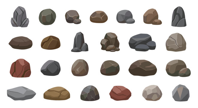 Extensive set of various rocks and stones in different sizes and colors suitable for nature and garden themes.