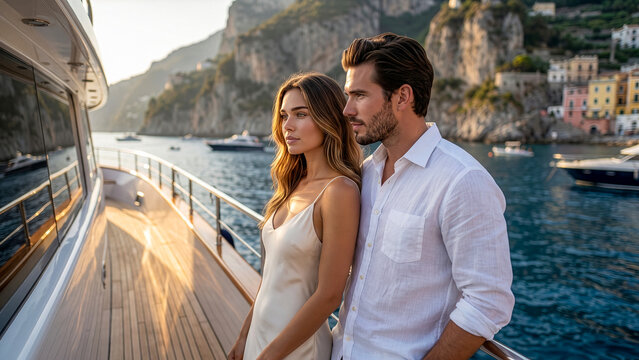 romantic young couple enjoying sunset cruise on luxury yacht