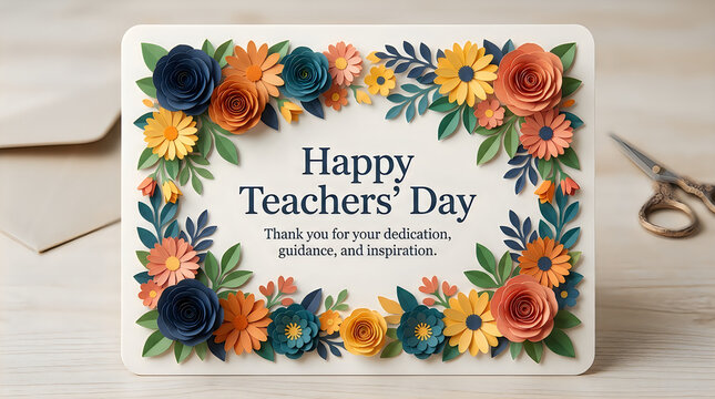 Happy teachers day card with colorful flowers and thank you message