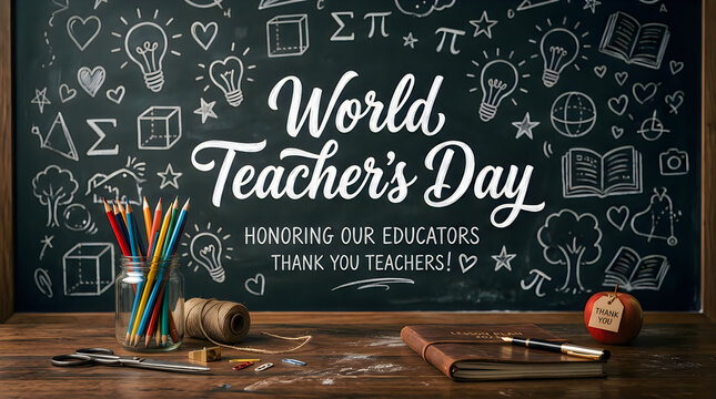 World teachers day chalkboard with education icons and thank you message