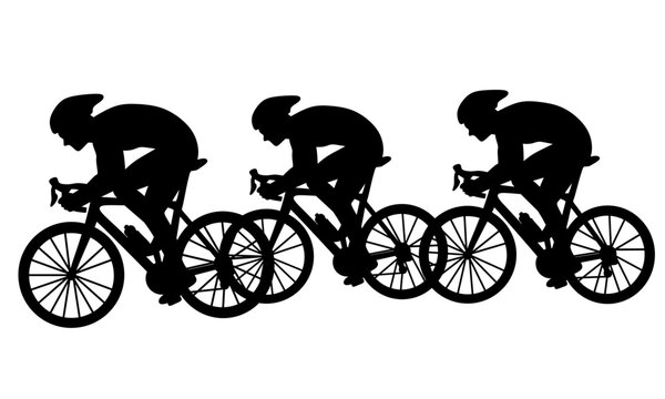 Black silhouette icon of three cyclists riding road bikes in a row
