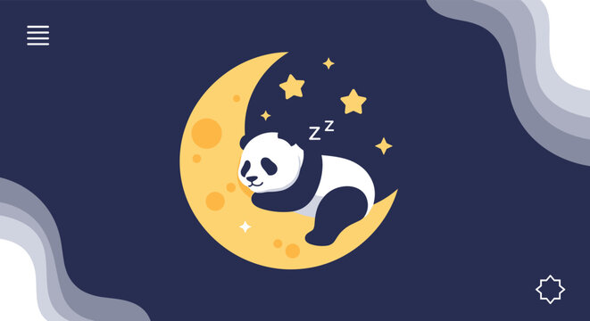 Adorable panda bear sleeps soundly on a bright yellow crescent moon surrounded by stars in a dark night sky.