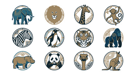 Naklejka premium Vector Set of round animal illustrations including elephant lion giraffe monkey zebra penguin tiger gorilla hippopotamus panda ostrich and kangaroo. EPS Editable
