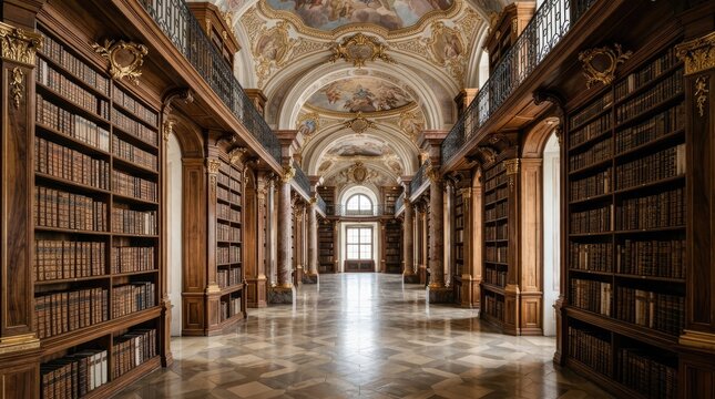 Grand Library Hall: An opulent baroque library hall with towering wooden bookshelves, ornate ceiling frescoes.