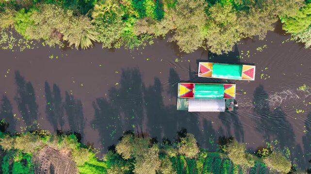 Aerial top-down view of trajineras navigating the canals of Xochimilco, with tourists on board enjoying Mexican culture amid vegetation, chinampas, and wetlands in Mexico City in the day