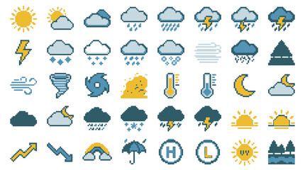 Fototapeta premium Vector Weather icon set with sun rain clouds and lightning symbols. EPS Editable