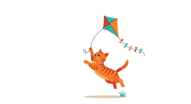 Playful ginger cat leaping into the air while chasing a colorful diamond shaped kite with a long decorative tail.