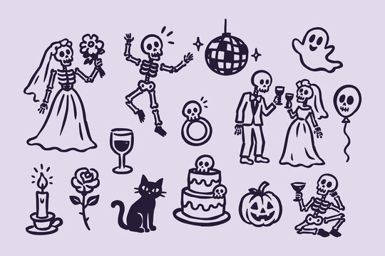 Halloween Wedding Skeleton Doodle Set Illustration
