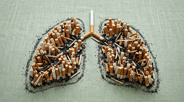 Human lungs shape filled with used cigarettes and ash on textured green fabric generated using ai