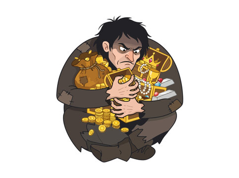 A greedy miser clutching a large pile of gold coins and treasure chests.