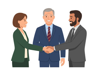 Fototapeta premium Three professional business people shaking hands in a corporate office setting.