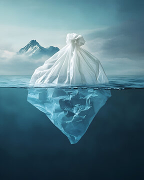 Plastic bag iceberg as metaphor for hidden ocean pollution