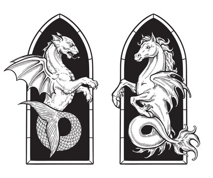 Heraldic Sea Lion and Winged Hippocamp Sea Horse Engraving Vector Illustration, Medieval Mythical Creature, Hand Drawn Black and White Line Art