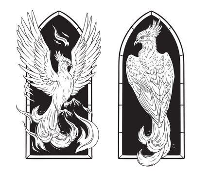 Heraldic Phoenix Engraving Vector Illustration, Medieval Mythical Creature, Hand Drawn Black and White Line Art