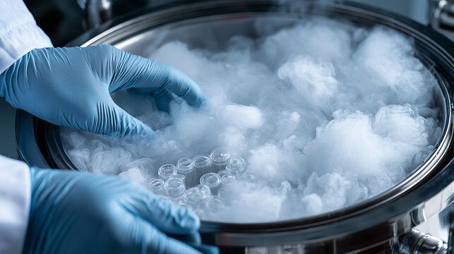 Cryogenic sample storage in biotechnology laboratory with blue gloved scientist hands, liquid nitrogen vapor, frozen specimen tubes, IVF biobank, stem cell preservation, with copy