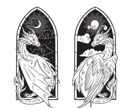 Two Heraldic Dragons in Gothic Stained Glass Windows with Celestial Motifs Engraving Vector Illustration, Medieval Mythical Creature, Hand Drawn Black and White Line Art