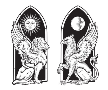 Heraldic Winged Lion Griffin Vintage Engraving Vector Illustration, Medieval Mythical Creature, Hand Drawn Black and White Line Art