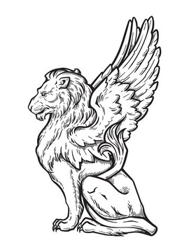 Heraldic Winged Lion Griffin Vintage Engraving Vector Illustration, Medieval Mythical Creature, Hand Drawn Black and White Line Art