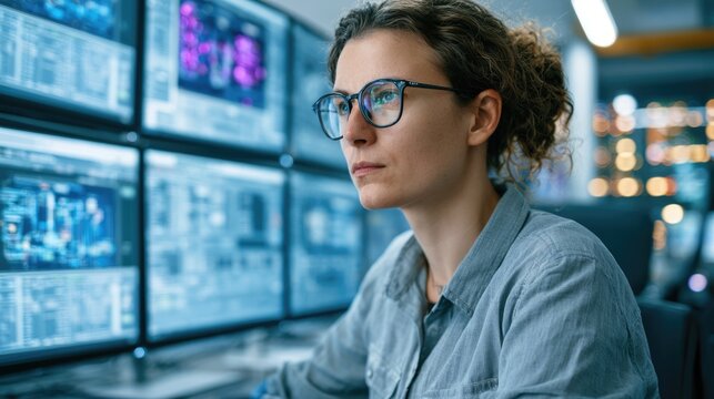 operator controller engineer is working with scada system on computer screen monitor in power plant factory control center.