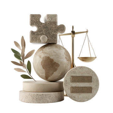 3d render of a globe, a puzzle piece, a balance scale, and an equals sign isolated on transparent background