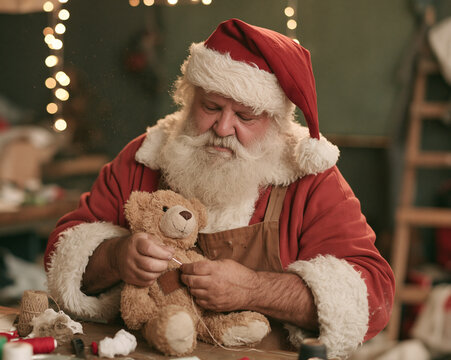 Santa Claus carefully sewing plush teddy bear with needle and thread in toy workshop