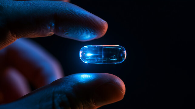 Futuristic medicine capsule held between fingers, glowing blue pharmaceutical research concept, dark clinical background, digital healthcare and nanotechnology photo futuristic med