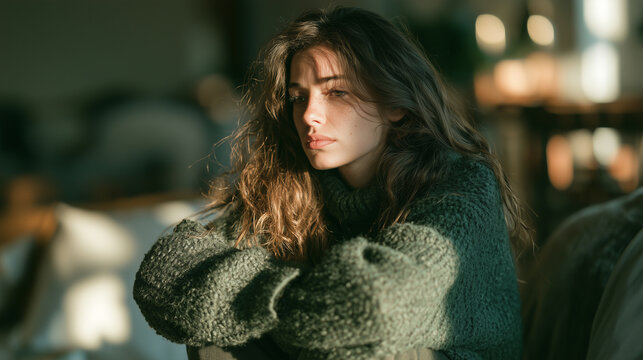 Quiet woman curled up indoors with arms folded over her knees, emotional stress and loneliness concept, soft daylight, muted home interior, realistic editorial mental health photog