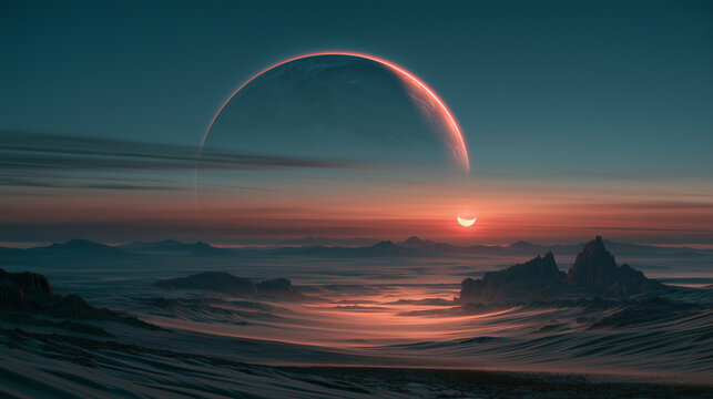 Alien planet rising over desert valley at twilight, cinematic sci fi landscape with red crescent moon, distant mountains, teal sky and mysterious extraterrestrial world atmosphere