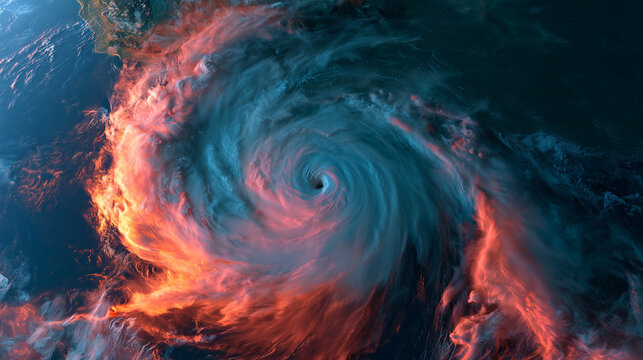 Colorized satellite image of hurricane over coastline, extreme weather radar map, tropical cyclone eye, meteorology and climate conceptweather visualization of a powerful hurricane
