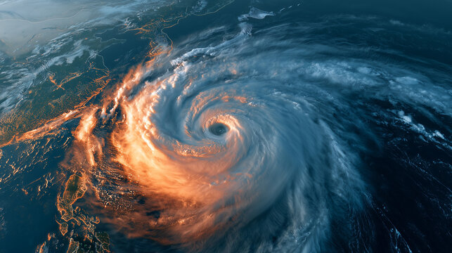 Colorized satellite image of hurricane over coastline, extreme weather radar map, tropical cyclone eye, meteorology and climate conceptweather visualization of a powerful hurricane