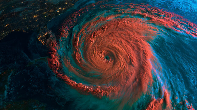 Colorized satellite image of hurricane over coastline, extreme weather radar map, tropical cyclone eye, meteorology and climate conceptweather visualization of a powerful hurricane