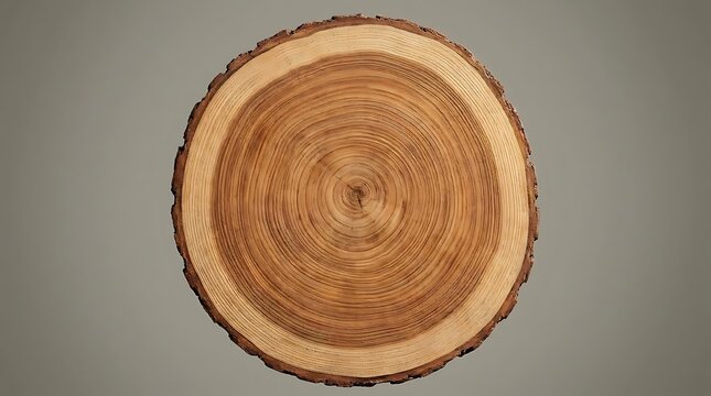 A top-down view of a round wood slice from a Copaifera officinalis tree showing detailed growth rings and textured bark against a neutral grey background