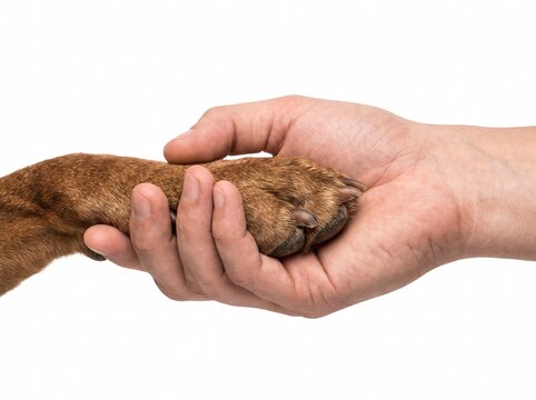 Human hand holding brown dog paw symbolizing connection trust loyalty friendship togetherness bonding care animal human