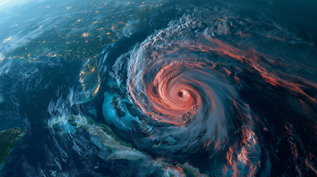 Colorized satellite image of hurricane over coastline, extreme weather radar map, tropical cyclone eye, meteorology and climate conceptweather visualization of a powerful hurricane