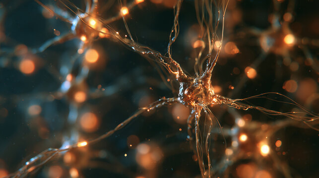 Microscopic medical nanobot performing precision work on the human nervous system, tiny robotic arms adjusting a damaged nerve fiber, glowing synapse nodes and neural strands aroun