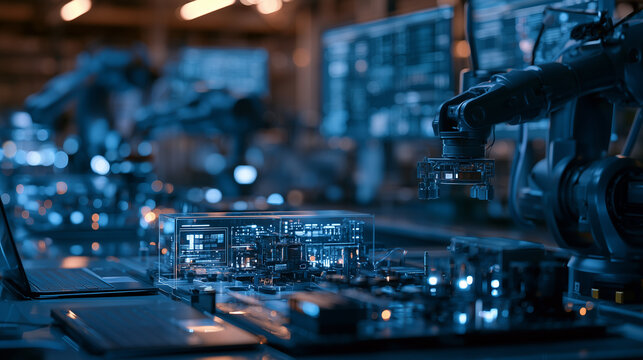 High-tech smart manufacturing scene, robotic arms assembling advanced machinery, IoT-enabled devices and smart sensors actively transmitting data, cloud computing platforms analyzi
