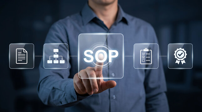 Businessman touching digital SOP icon screen for standard operating procedure