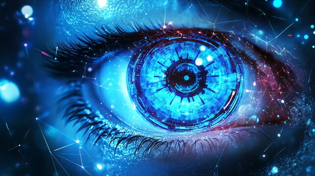 Human eye featuring complex digital iris patterns with glowing neon blue light particles and intricate mechanical circuit board overlay details