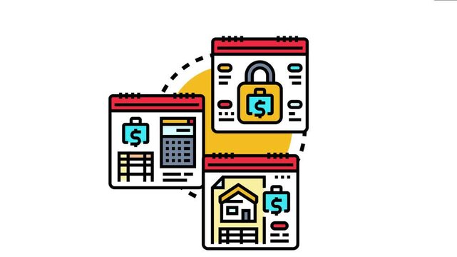 Calendars with icons for secure payments, financial calculations, and property loans illustrate the concept of managing budget friendly monthly installments and long term financial commitments