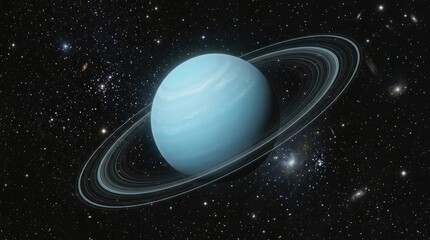 Fototapeta premium Uranus's Ringed Majesty: A breathtaking depiction of the ice giant Uranus, showcasing its prominent ring system against the backdrop of a star-studded cosmos.