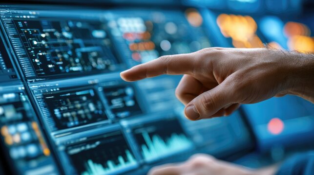 working hands of controller with data base from Scada system on computer screen.	